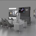 Display Shelves in Exhibition Hall with White Grey Sofas Chairs Digital Screen and Dyson Logo