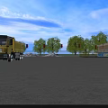 Industrial Factory White Building With Red Accents Green Trees Silos Yellow Trucks And Blue Fence