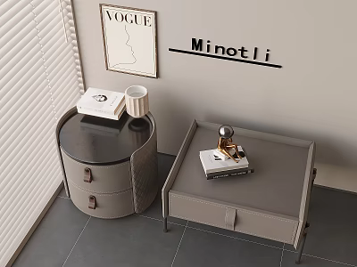 Modern Minotti Bedside Tables Round and Square Designs With Books Cup and Decorative Items 3d model