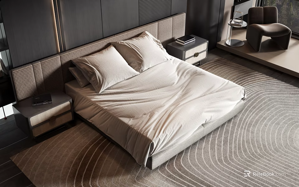 Modern Double Bed Bedroom Interior With Upholstered Headboard Nightstands And Textured Rug 3d model 