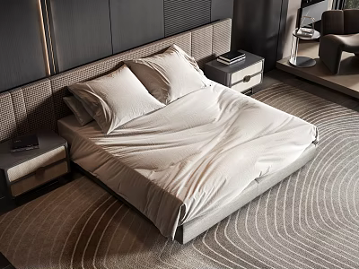 Modern Double Bed Bedroom Interior With Upholstered Headboard Nightstands And Textured Rug 3d model