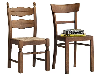 Traditional And Modern Wooden Dining Chairs With Wicker Seat And Stacked Books 3d model