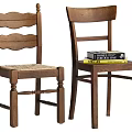 Traditional And Modern Wooden Dining Chairs With Wicker Seat And Stacked Books
