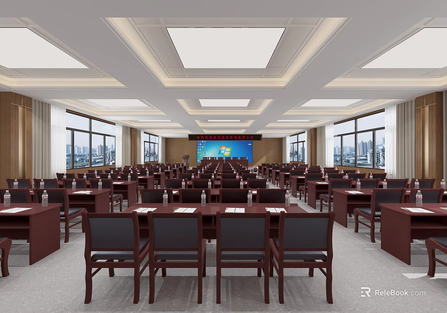 Spacious Modern Conference Room With Large Screen Tables Chairs And Windows 3d model