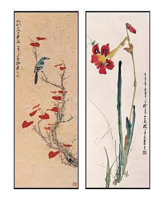 New Chinese Plant Painting Elegant Zen Red Leaf Flower and Bird Pattern Hanging Painting Combination 3d model