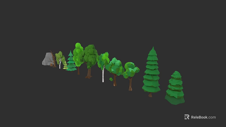 Green Arbor Trees With Various Canopy Shapes And Trunks On Dark Background 3d model