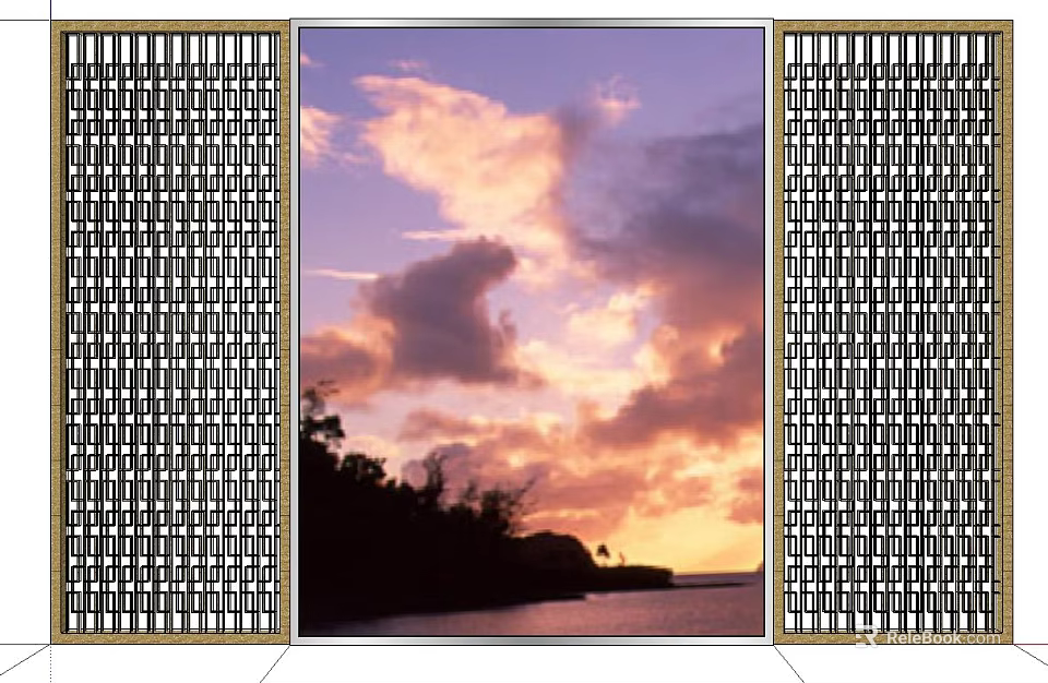Stylish TV Background Wall With Vertical Stripe Decor And Sunset Scenic Landscape 3d model 
