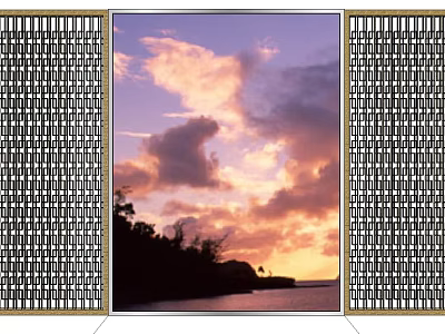Stylish TV Background Wall With Vertical Stripe Decor And Sunset Scenic Landscape 3d model