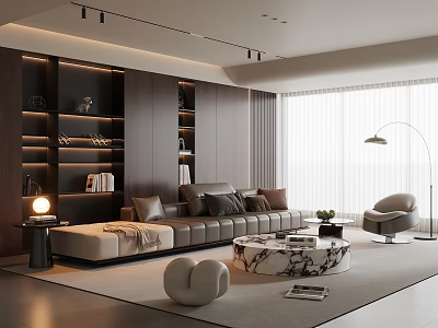 Modern Living Room Interior With Dark Wood Bookshelves Beige Sofa Marble Coffee Table And Accent Chair 3d model