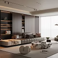 Modern Living Room Interior With Dark Wood Bookshelves Beige Sofa Marble Coffee Table And Accent Chair
