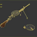 Vintage Machine Gun With Round Drum Magazine Tripod Wooden Stock And Bullets