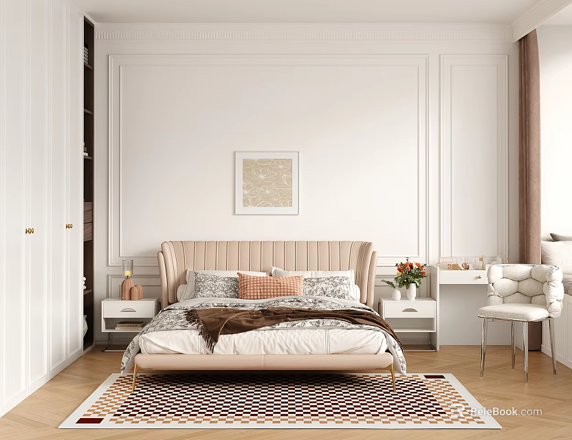 Modern Bedroom Interior Design With Beige Bed Nightstands Patterned Rug And Wall Art 3d model 