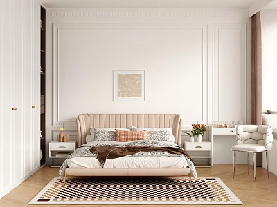 Modern Bedroom Interior Design With Beige Bed Nightstands Patterned Rug And Wall Art 3d model