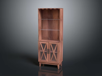 Modern Wooden Bookcase With Glass Doors X Shaped Panels And Open Shelves 3d model