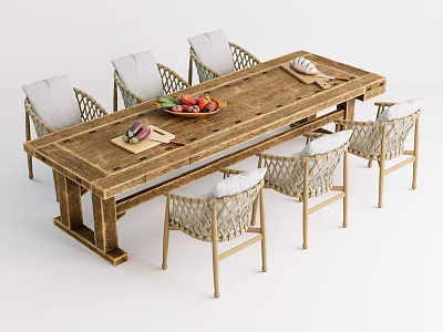 Rustic Long Wooden Table and Woven Chair Set with Fruits and Bread 3d model