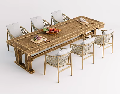 Rustic Long Wooden Table and Woven Chair Set with Fruits and Bread 3d model