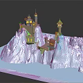Castle Building On Snow Covered Mountain With Lit Towers And Illuminated Lights