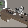 Modern Wooden Desk With Black Leather Chair Notebook Coffee Cup Table Lamp And Green Plant