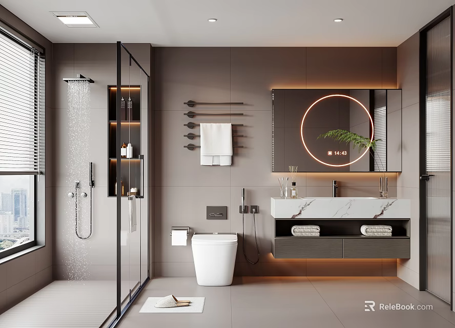 Modern Bathroom Interior Design With Glass Shower Toilet And Vanity Mirror 3d model 