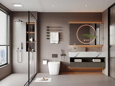 Modern Bathroom Interior Design With Glass Shower Toilet And Vanity Mirror 3d model