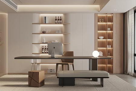 Modern Study Modern Desk and Chair Storage Cabinet Wall Cabinet Bookcase Desk Decoration Combination Adult Study Decorative Cabinet Desktop Computer 3d model