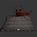 Detailed Red Ant 3D Models On Layered Conical Stone Platform With Small Stones