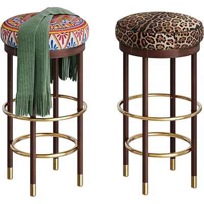 Colorful Patterned Leopard Print Bar Stools With Green Scarf Dark Wooden Legs Gold Rings 3d model