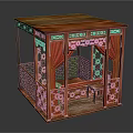 Traditional Chinese Carved Redwood Bed With Red Curtains Carved Railings And Small Stool