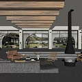 Hotel Public Lounge Area with Wooden Ceiling Large Windows Courtyard Lake View Sofa and Fireplace