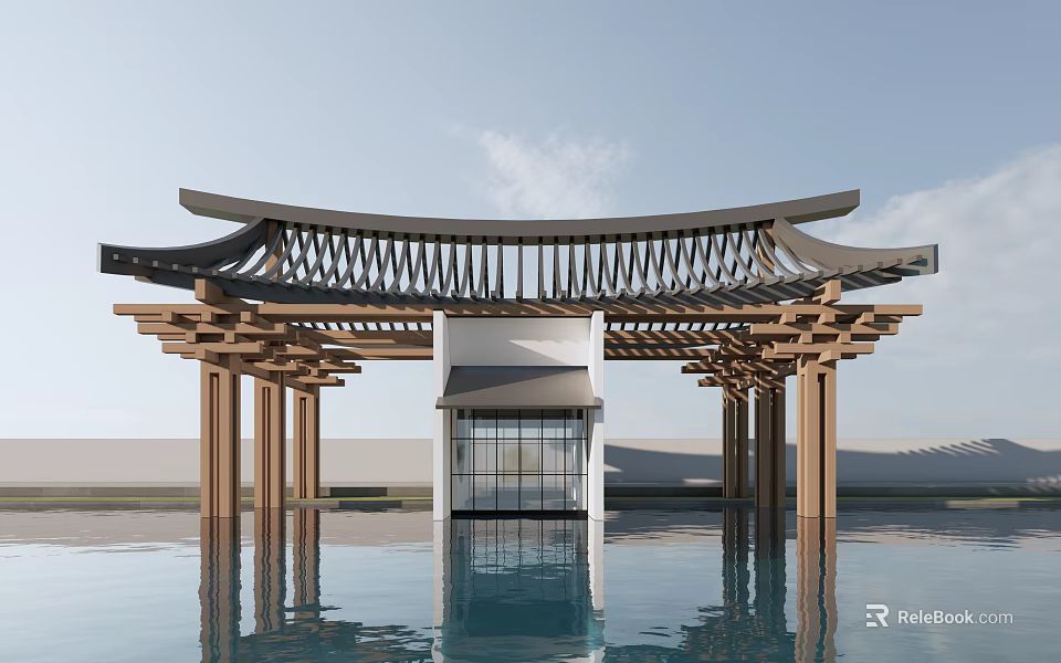 Traditional Chinese Pavilion With Wooden Frame Curved Roof Over Reflective Water Under Blue Sky 3d model 