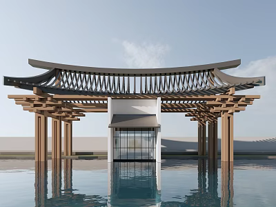 Traditional Chinese Pavilion With Wooden Frame Curved Roof Over Reflective Water Under Blue Sky 3d model