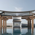 Traditional Chinese Pavilion With Wooden Frame Curved Roof Over Reflective Water Under Blue Sky