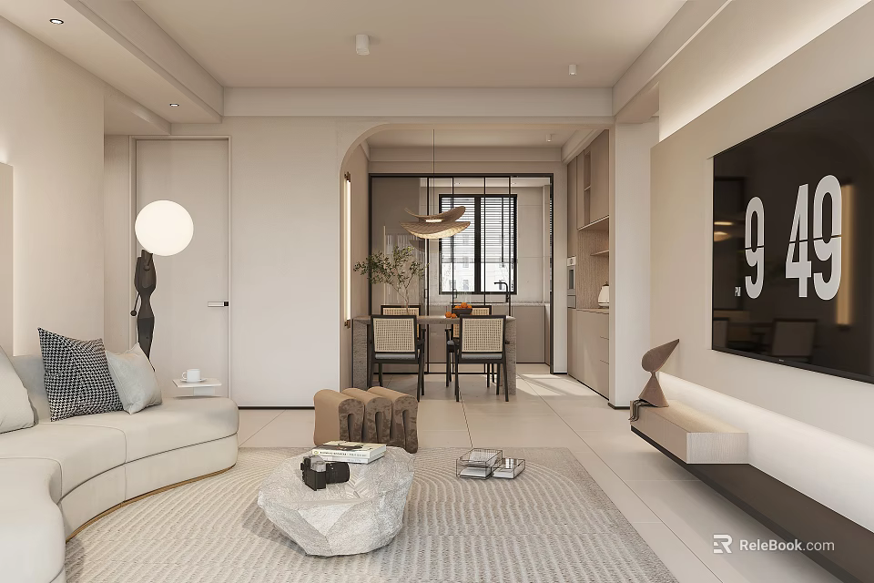 Modern Living And Dining Room Interior Design With Sofa Coffee Table Dining Chairs And TV 3d model 