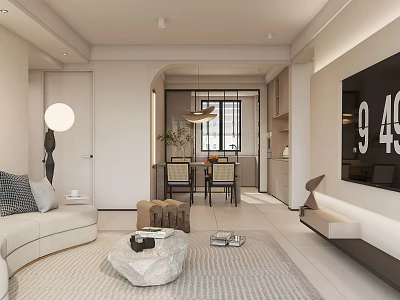 Modern Living And Dining Room Interior Design With Sofa Coffee Table Dining Chairs And TV 3d model