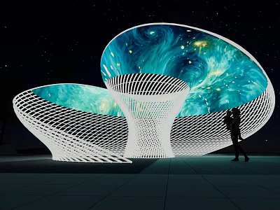 Modern Dual Mushroom Shaped Pergola With White Mesh Structure Cosmic Pattern And Night Illumination 3d model
