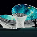 Modern Dual Mushroom Shaped Pergola With White Mesh Structure Cosmic Pattern And Night Illumination