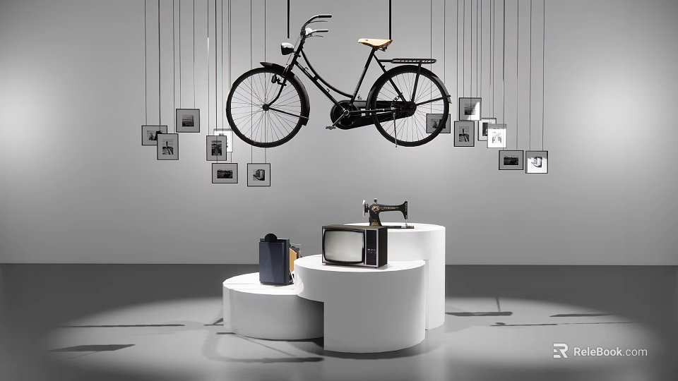 Modern White Curved Display Shelves Showcasing Vintage Items Hanging Bicycle Framed 3d model 