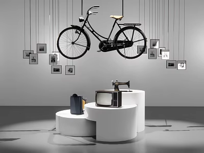 Modern White Curved Display Shelves Showcasing Vintage Items Hanging Bicycle Framed 3d model