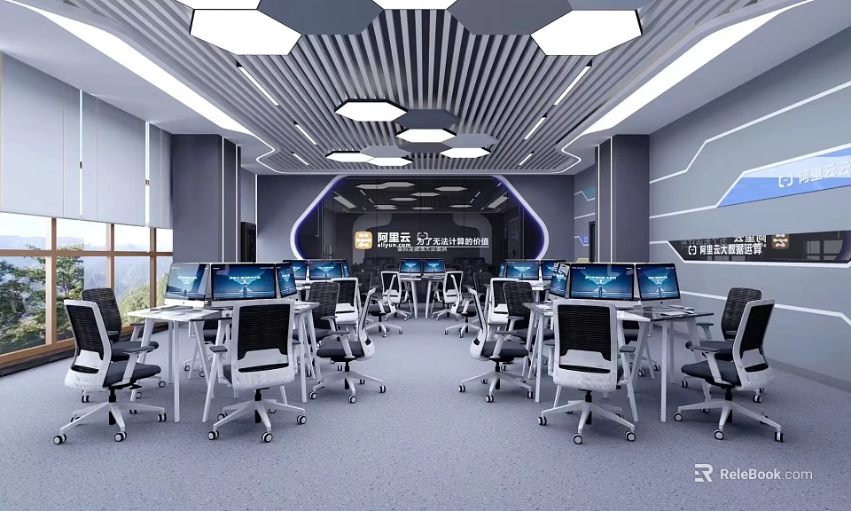 School Smart Classroom Interior With Computers Desks And Modern Lighting Design 3d model 
