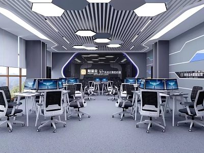 School Smart Classroom Interior With Computers Desks And Modern Lighting Design 3d model