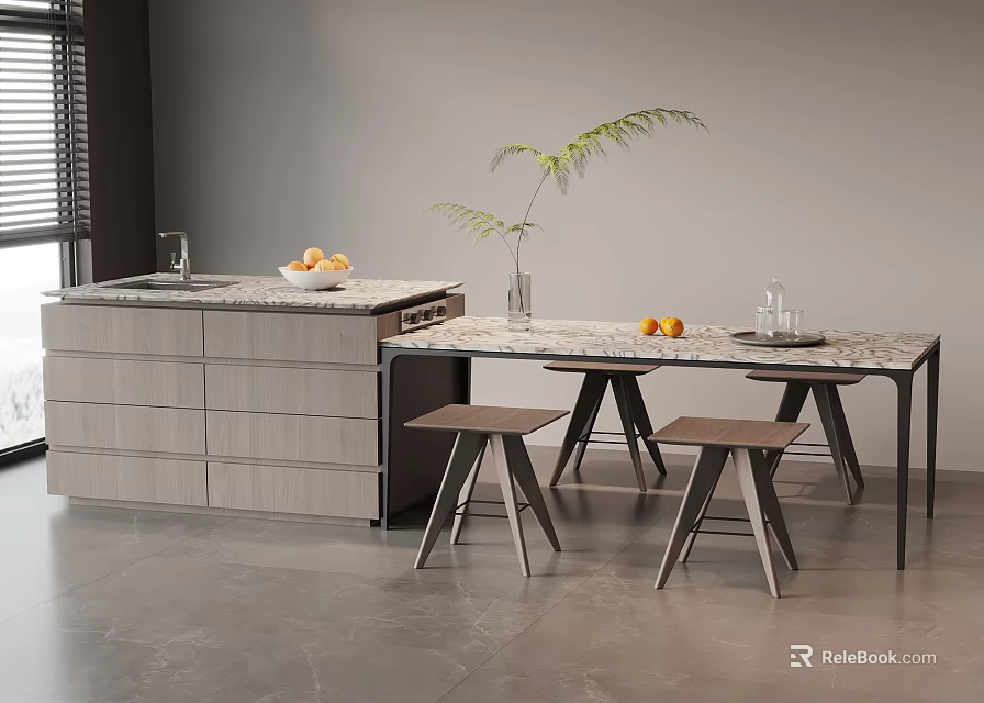 Modern Dining Table Set with Marble Top Matching Stools in Open Kitchen Interior 3d model