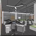Modern Public Office Space with Open Layout Desks Ergonomic Chairs Windows Blinds and Ceiling Lights