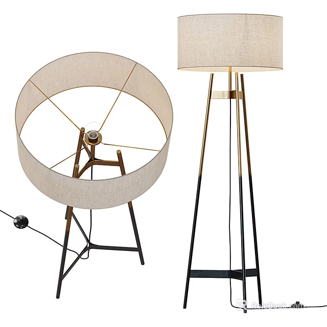 Modern Floor Lamp Featuring Linen Shade And Tripod Metal Stand Design 3d model 