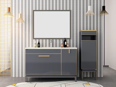 Modern Bathroom Vanity With Gray Cabinet Gold Accents Mirror And Striped Wall 3d model
