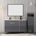 Modern Bathroom Vanity With Gray Cabinet Gold Accents Mirror And Striped Wall