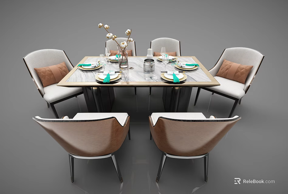 Modern Elegant Dining Table Set With Marble Tabletop Upholstered Chairs Decorative Vase And Tableware 3d model 