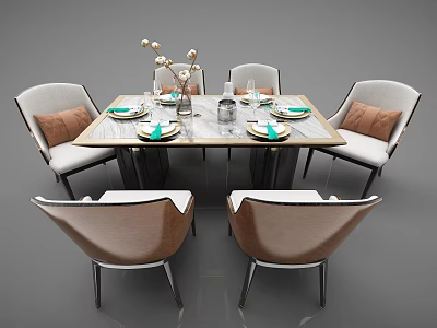Modern Elegant Dining Table Set With Marble Tabletop Upholstered Chairs Decorative Vase And Tableware 3d model
