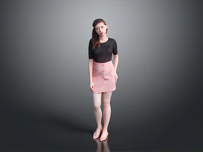 A woman wearing black top and pink skirt against gray background in standing pose 3d model