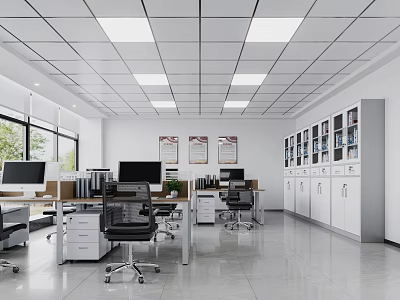 Modern Public Office Space Interior With Desks Computers Chairs Filing Cabinets Windows And Ceiling Lights 3d model