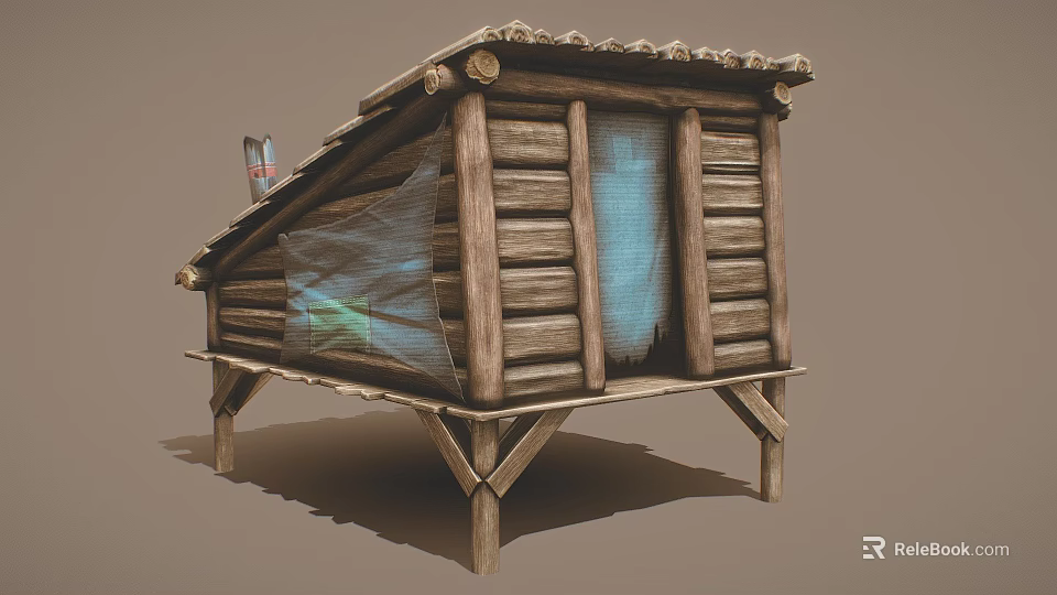 Wooden Log Cabin With Tiled Roof Windows And Torn Mesh Elevated On Wooden Legs 3d model 